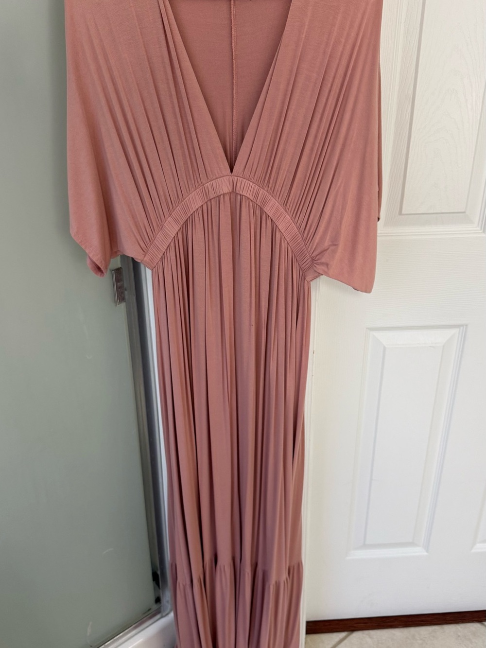 Flowy Ruched V-Neck Maxi Dress in Dusty Rose